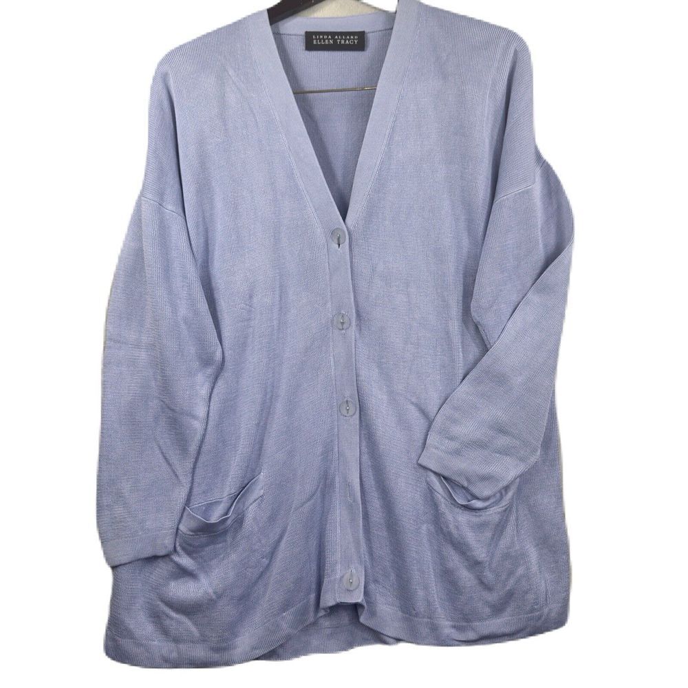 Linda Allard ‎ Ellen  Tracy Cardigan Sweater Cotton Blend Blue Pockets 2XL